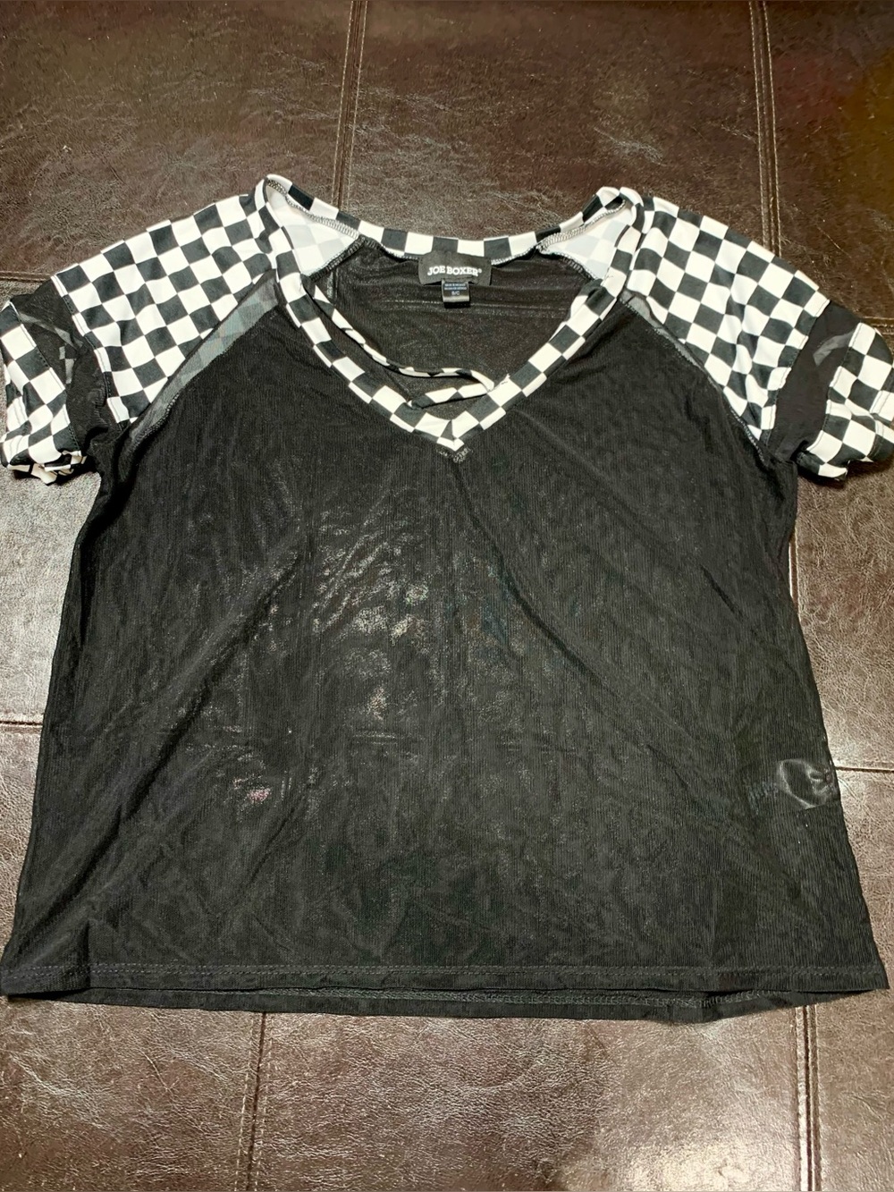 💥4/$15 Joe Boxer Black Oversized Mesh Tee with Checkerboard Raglan Sleeves
